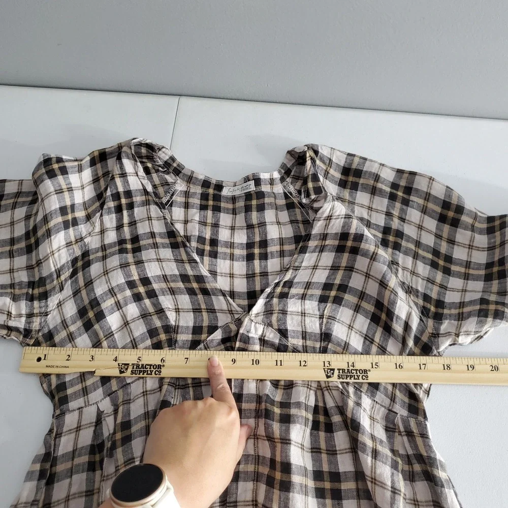Free People x CP Shades Plaid Linen Mini Dress Tan Black V-Neck Boho Small